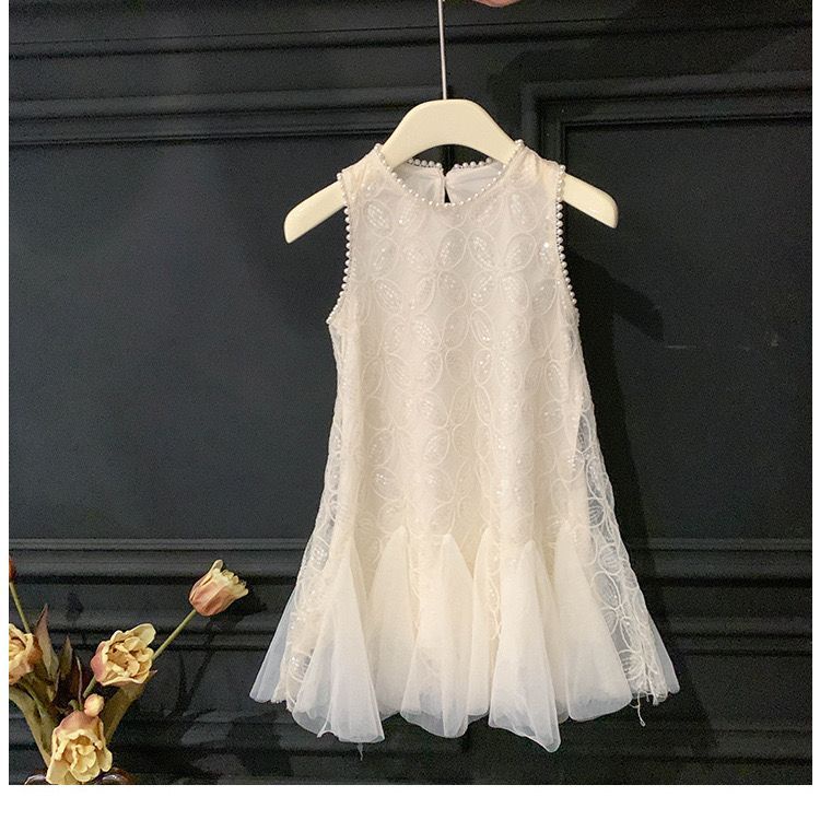 Váy cho bé gái váy liền màu ngọc trai không tay