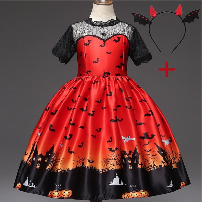 Đầm Công Chúa Hóa Trang Halloween Kèm Băng Đô Xinh Xắn Cho Bé Gái