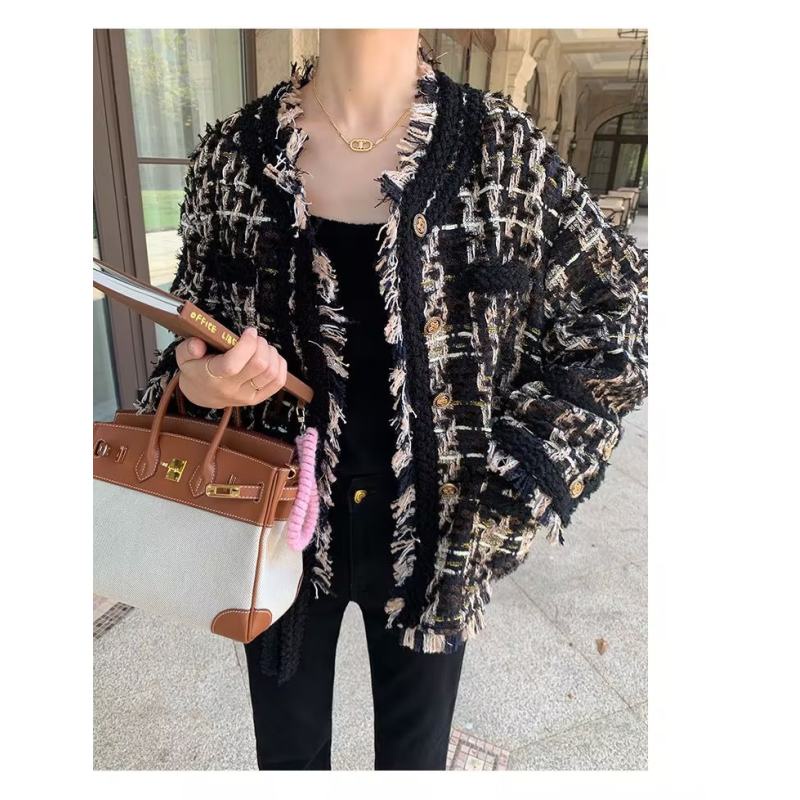 Áo Khoác Dáng Ngắn Phối Tua Rua Màu Vàng Đen Thời Trang Xuân Thu Cao Cấp Cho Nữ