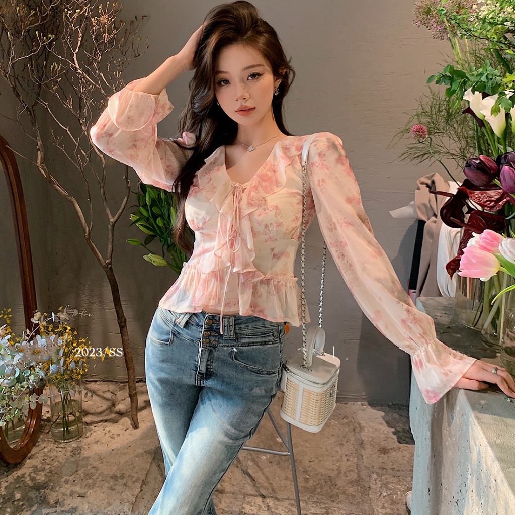 Áo peplum Dài Tay In Hoa Phong Cách Pháp Cho Nữ