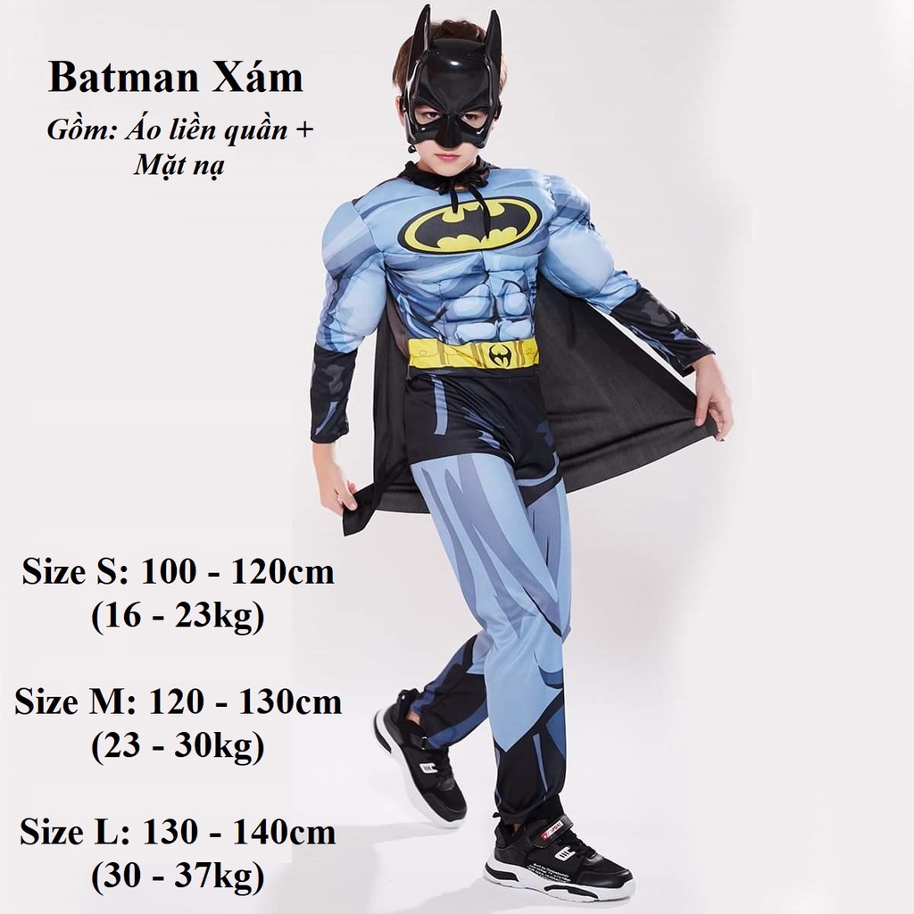 (Trẻ em) Trang phục hóa trang Siêu Anh Hùng Marvel và DC Người Dơi Batman Xám bán kèm phụ kiện