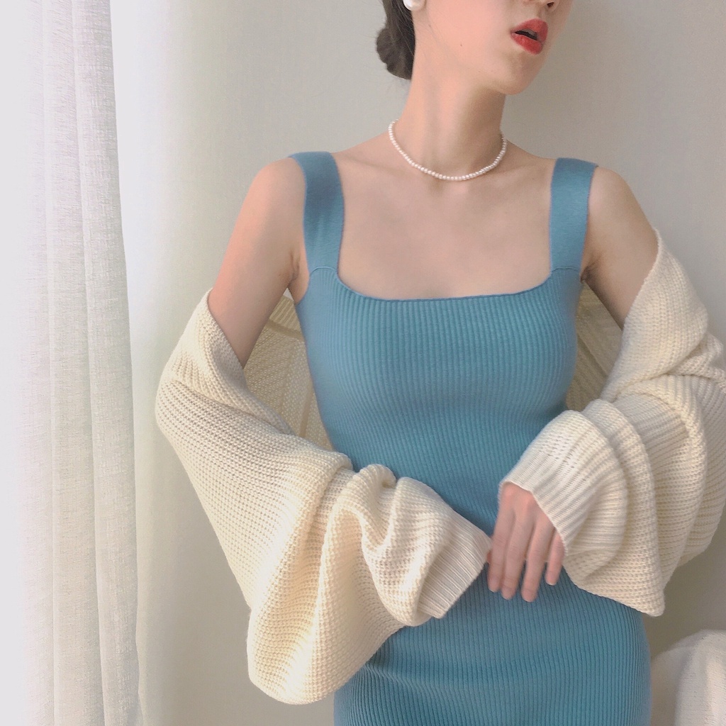 Retro gentle evening wind Morandi color slim-fit hip-wrapped knitted sling dress MC dress QNAO