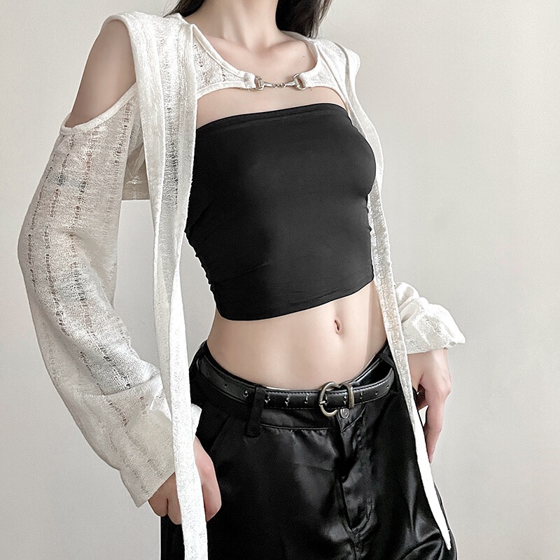 Áo kiểu croptop WEIRD PUSS dệt kim phối mũ trùm đầu tay dài cắt xẻ màu trơn thời trang sexy mùa hè cho nữ