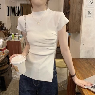 Oiwant women 2023 màu đồng nhất cổ tròn tay ngắn tay áo mỏng khe đan trên