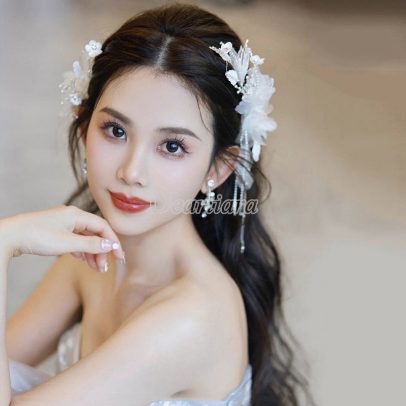 Trâm Cài Tóc Vải Tuyn Trắng Đính Hoa Tua Rua Lãng Mạn Cho Cô Dâu