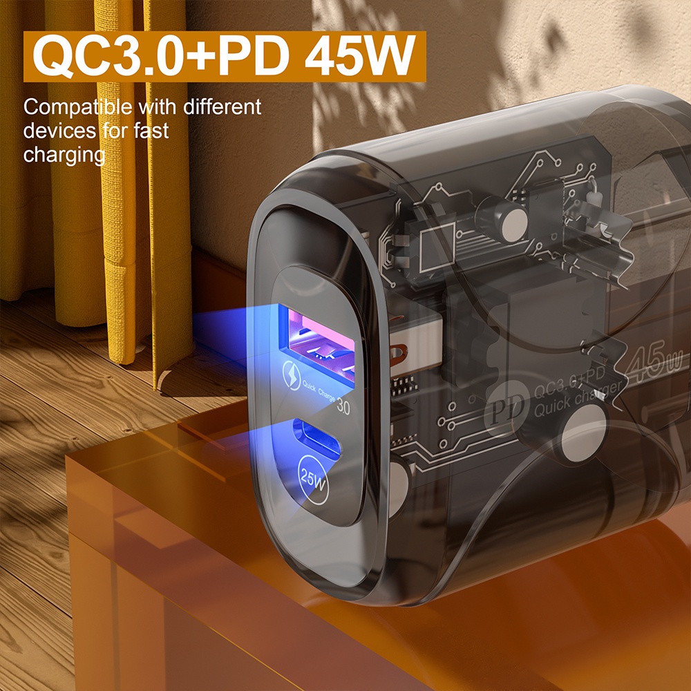 Phích Cắm Sạc Nhanh Loại c pd25w qc3.0 Trong Suốt Dành Cho Điện Thoại