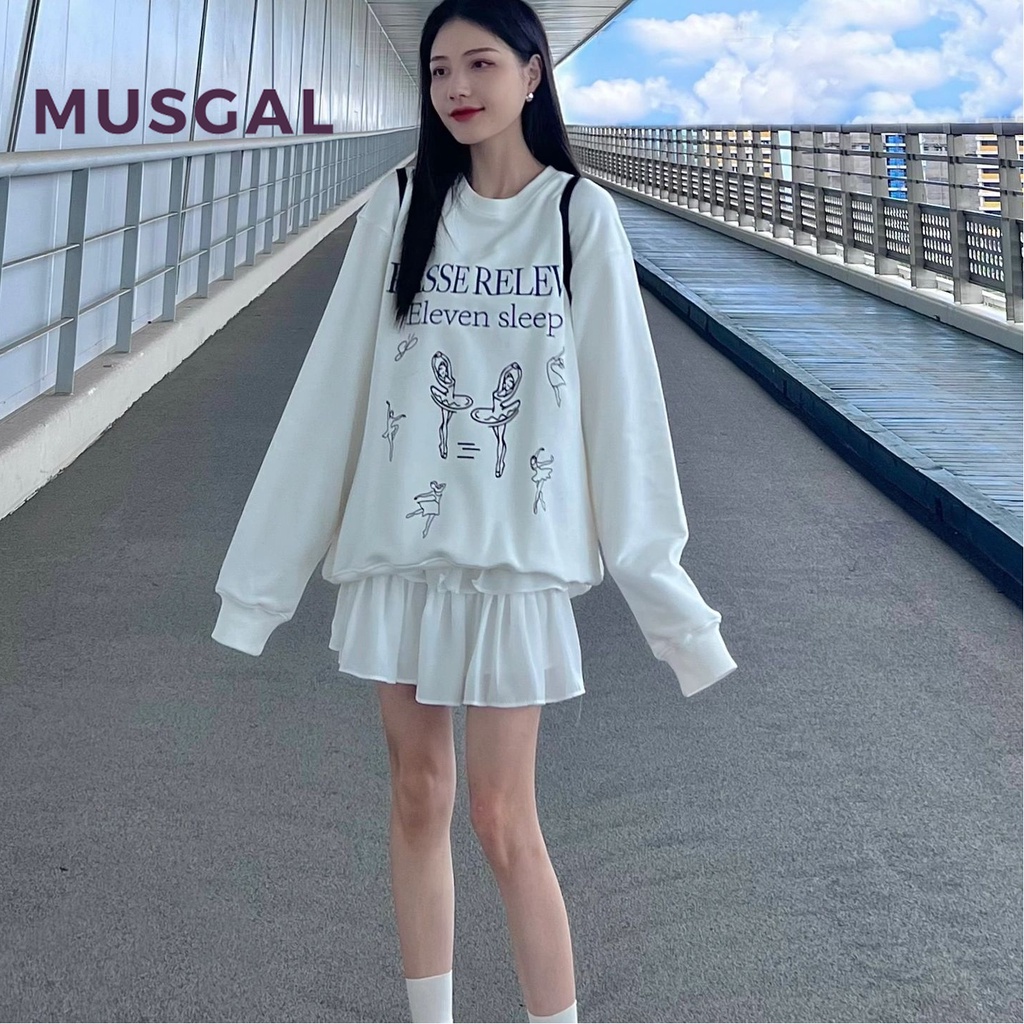 Musgal women 2023 thời trang mới giản dị áo dài tay gợi cảm in trên cùng