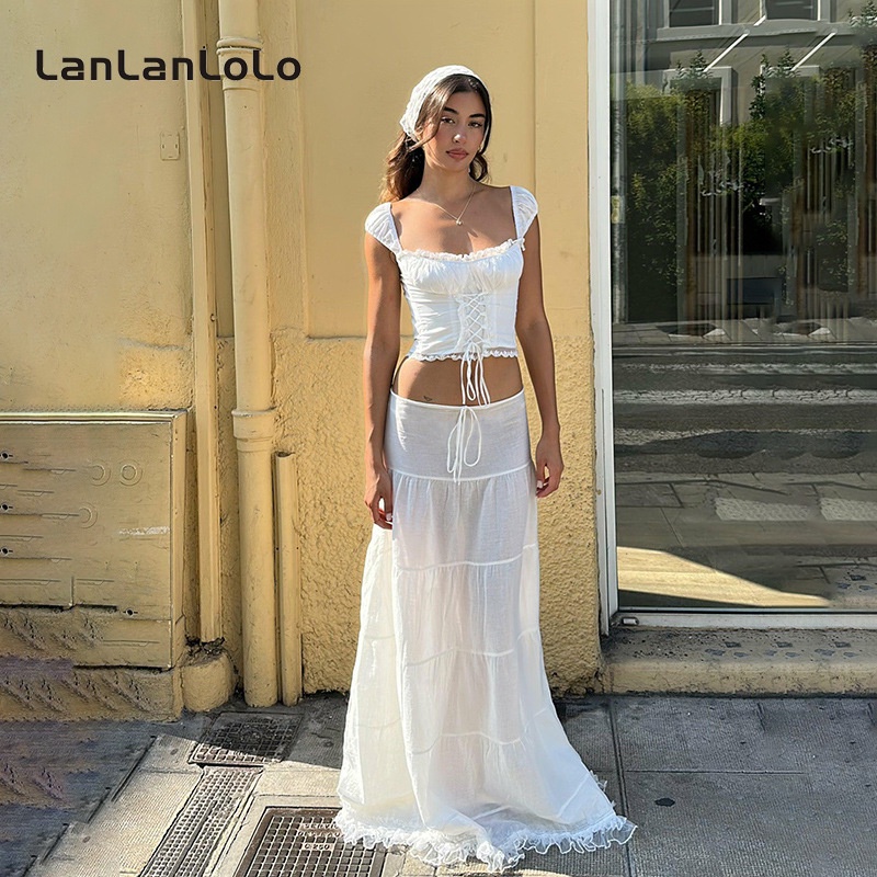 Áo cổ vuông tay ngắn phối chân váy maxi LanLanLoLo màu trơn thời trang nữ 2023