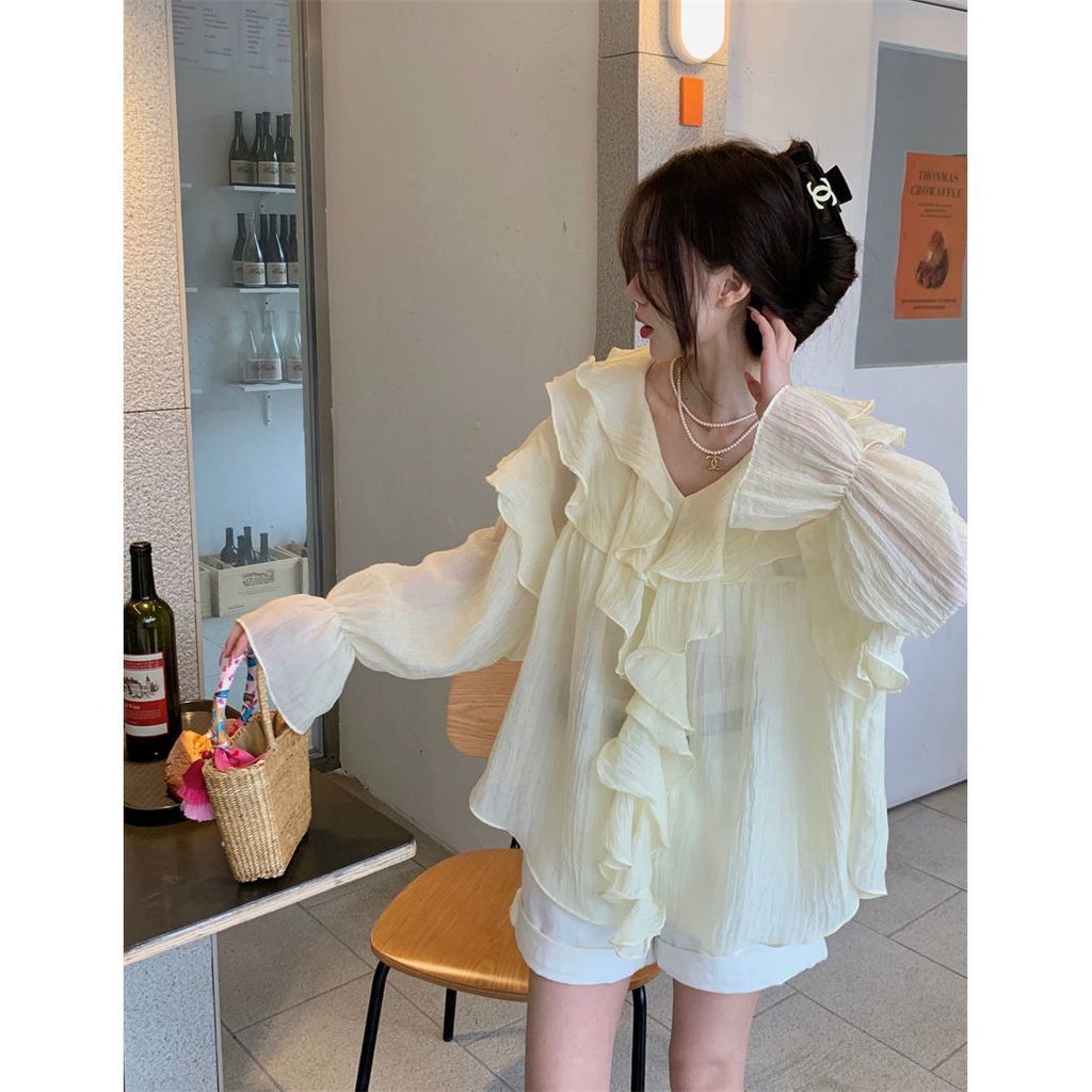 Áo Sơ Mi chiffon Tay Dài Phối Bèo Màu Tím Ngọt Ngào Xinh Xắn Size s-3xl Cho Nữ