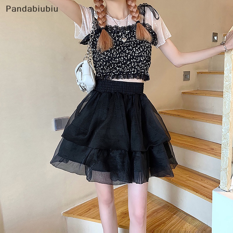 Phụ nữ Pháp cao eo ngọt ngào Preppy thời trang gạc pouffant váy Joo