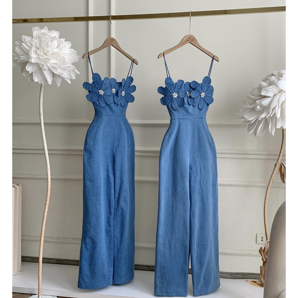M616 - Jumpsuit hai dây đính đá, jum dài hai dây đính hoa đá