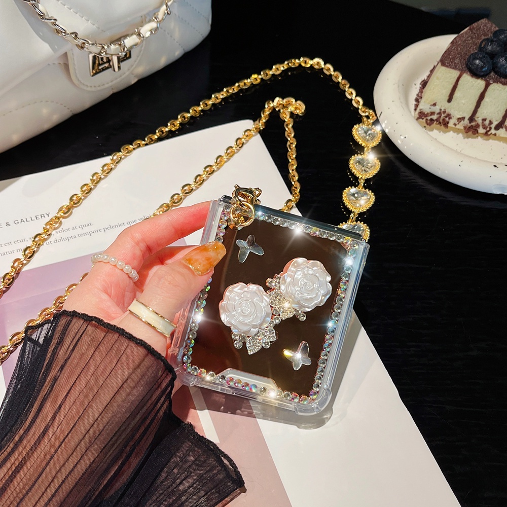 Hộp đựng gương bằng kim cương giả làm bằng tay cho samsung galaxy z flip 5 flip5 với dây treo vai đeo chéo