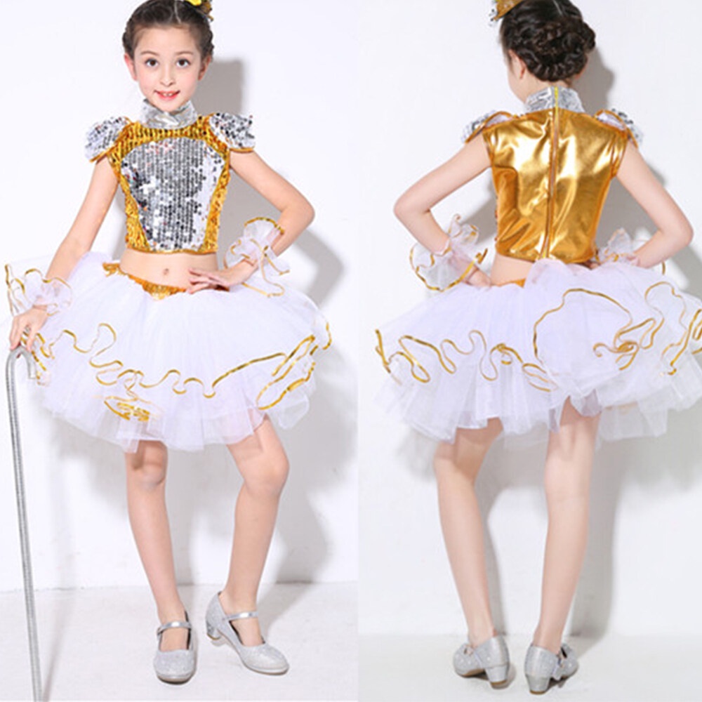 Trẻ em sequins trang phục khiêu vũ đường phố hiện đại cho bé gái bé trai màu xanh vàng mảnh hip-hop trang phục đội học sinh áo + váy / quần short bộ có dây đeo tay