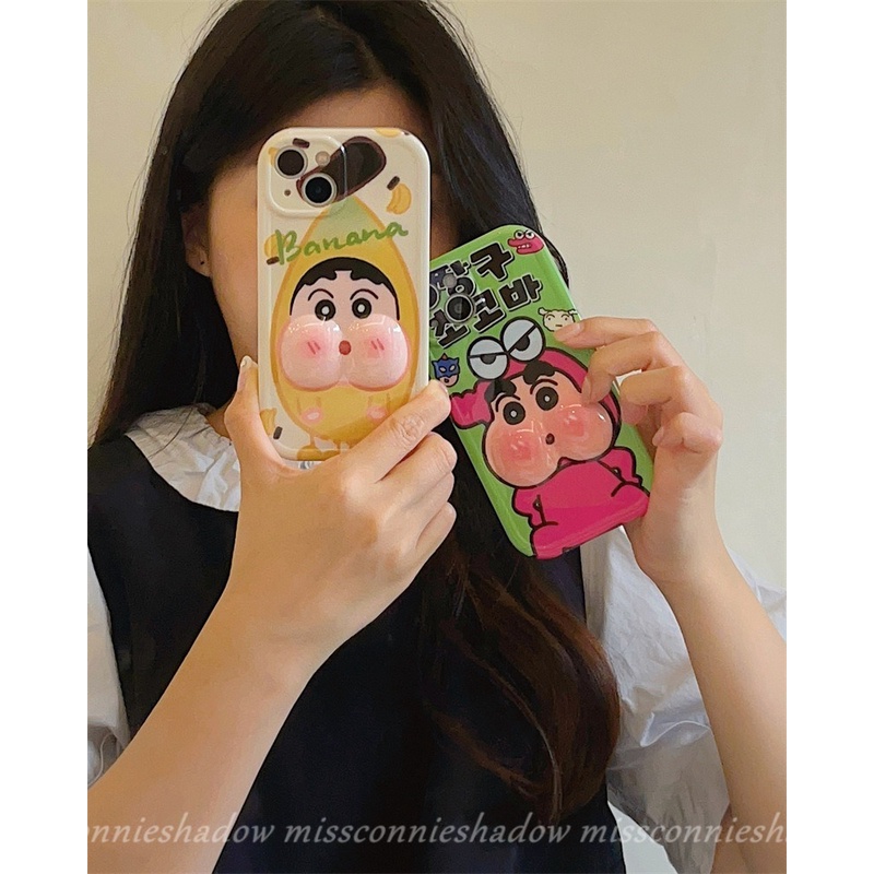 Vui nhộn cá sấu chuối đội đầu phim hoạt hình dễ thương bút chì màu shin-chan vỏ điện thoại tương thích cho iphone xr 12 13 11 14 pro max 6s 7 6 8 plus x xs max se 3d decompression glossy soft cover