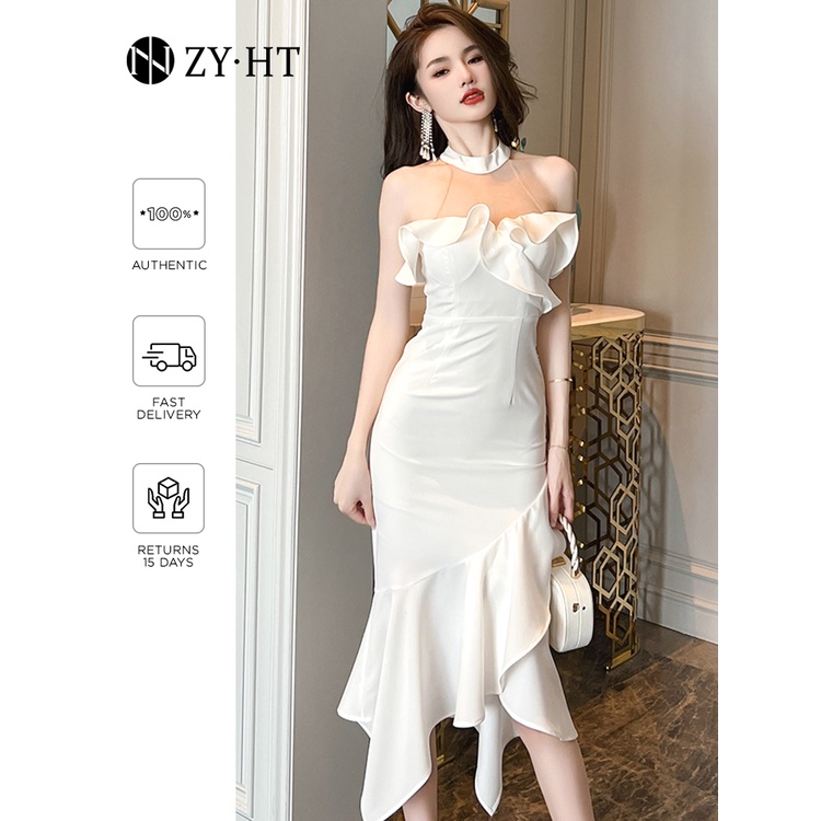 ZYHT Đầm Body dây treo sexy Lộ lưng Cảm giác cao cấp Mảnh mai Không tay áo Một từ cổ áo đầm đuôi cá 20495