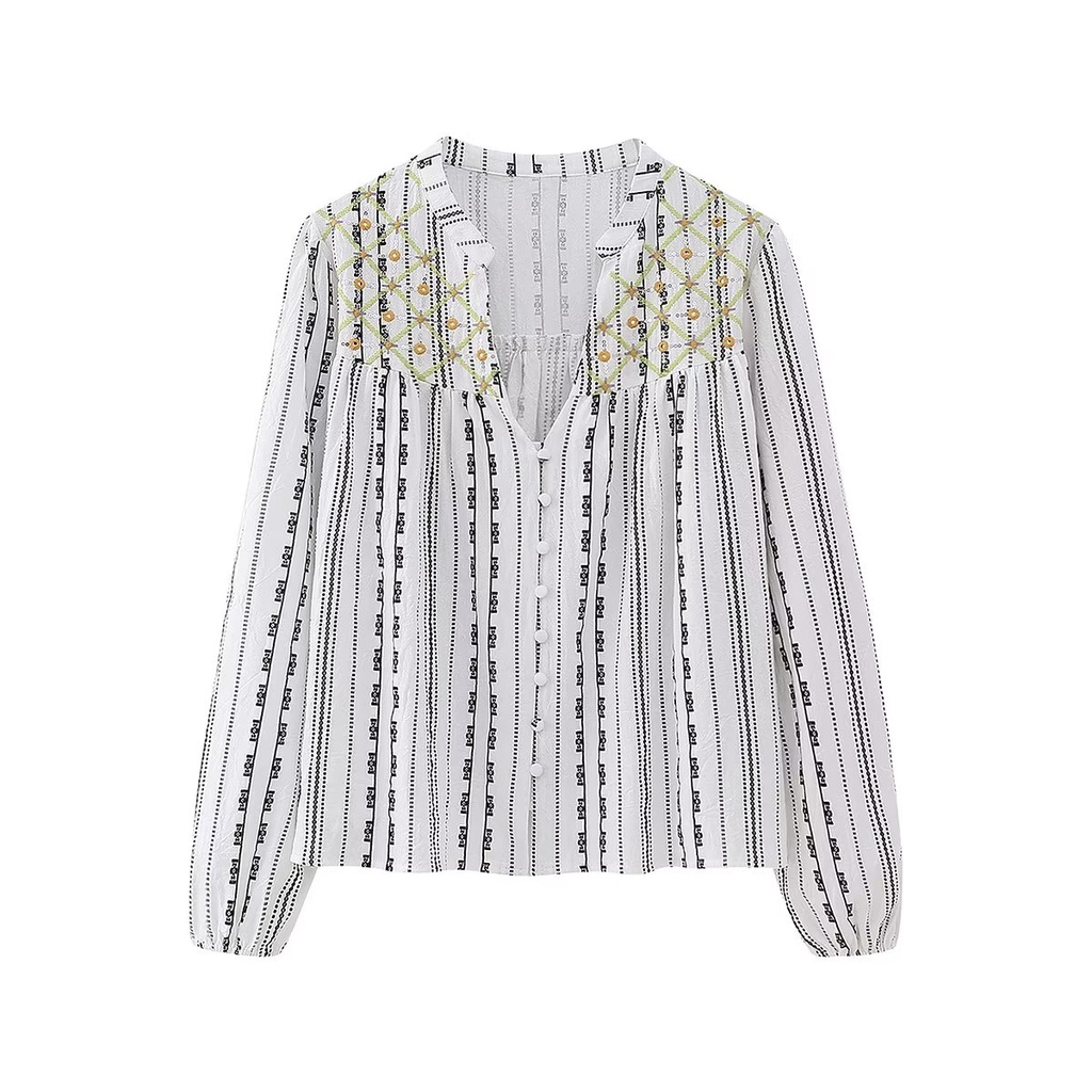 Zara blouses của phụ nữ phong cách mới 23 năm phong cách dân tộc nổi tiếng ngành công nghiệp nặng thêu đính cườm v-cổ phồng tay áo sơ mi rời phụ nữ1821121