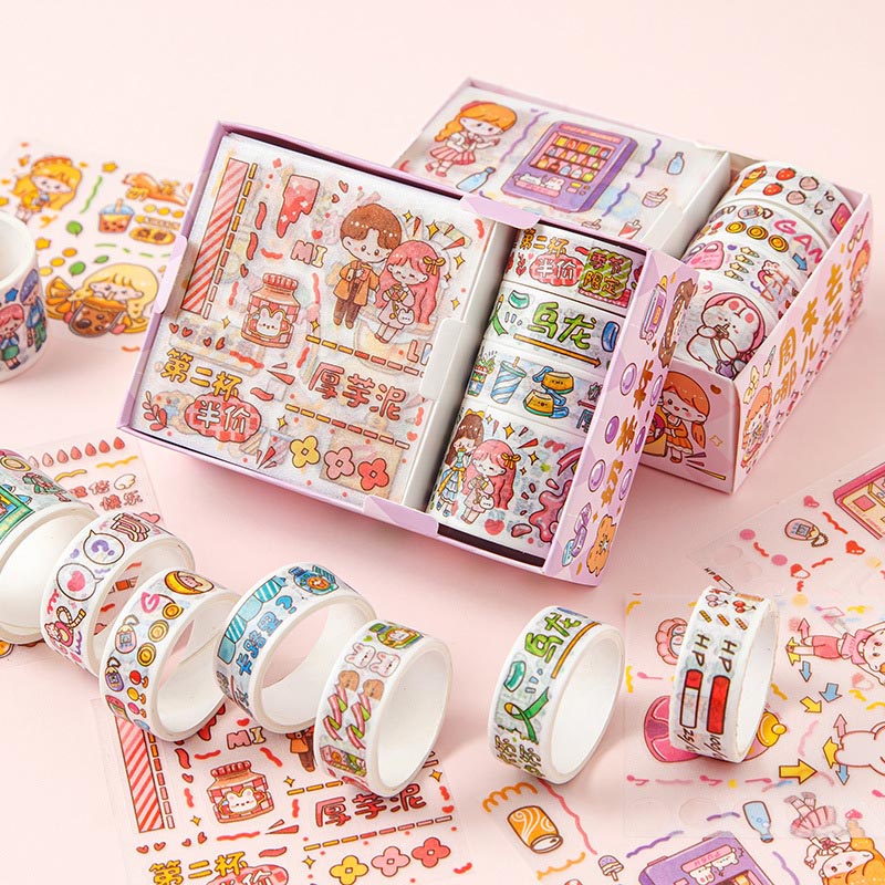 Hộp 8 món băng keo dính Washi tape + sticker dán trang trí sổ lưu niệm DIY hoa tiết hoạt hình cute OUYOUVN