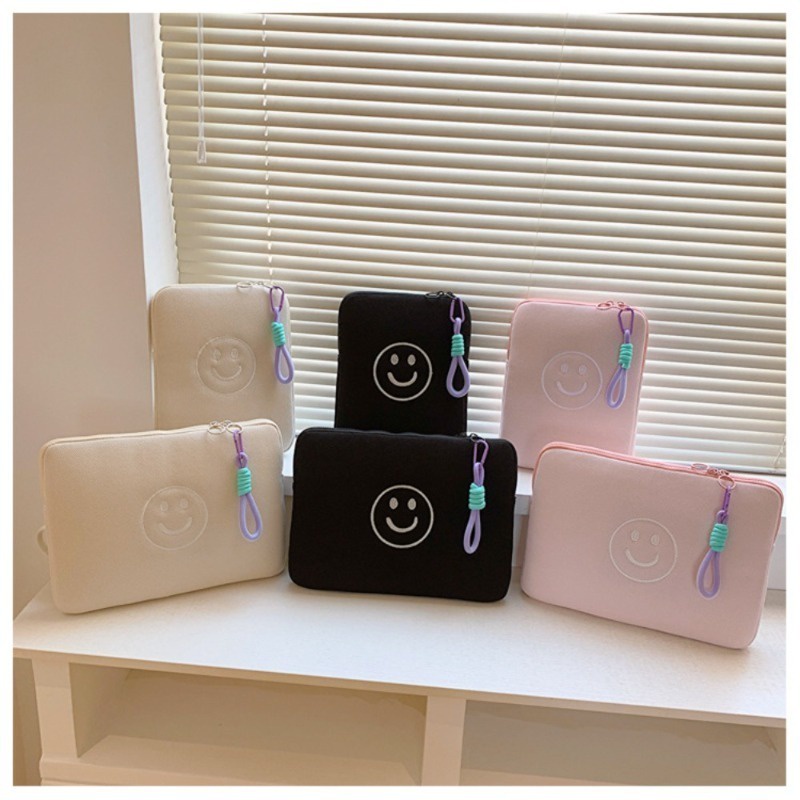 Mặt cười thời trang túi đựng máy tính xách tay cotton polyester màu tinh khiết 11 13 14 inch túi đựng máy tính bảng có dây kéo cho macbook ipad vỏ bảo vệ có dây buộc