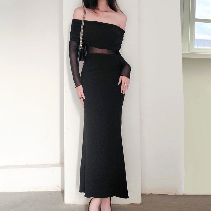 Phụ nữ sexy off shoulder mesh patchwork pleated sheath long dress