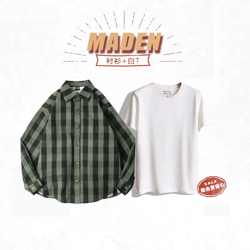 Modern tooling american retro 360g áo sơ mi kẻ sọc dày + kết hợp t-shirt trắng