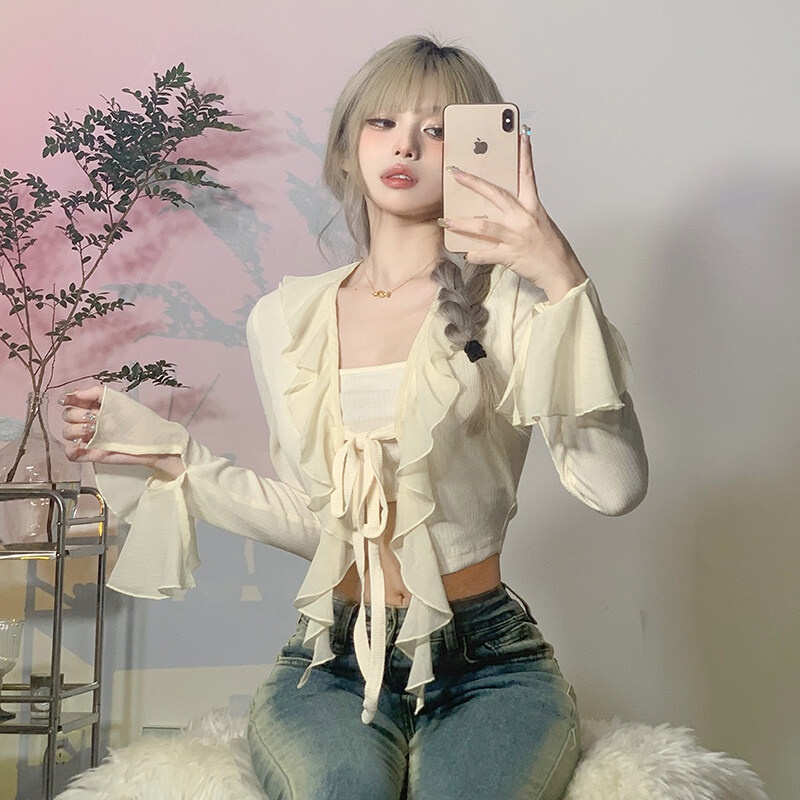 Kliou 2023 Mới Áo Cardigan Ngắn Ôm Dáng Tay Chuông Ngắn Diềm Xếp Nếp Thông Thoáng Màu Mơ Tươi Trẻ Mới 2023