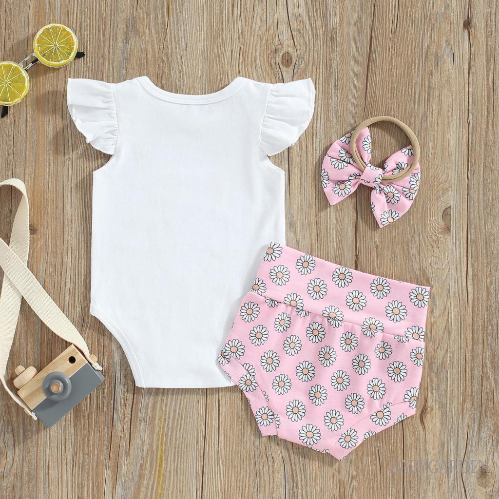 Bộ Áo Liền Quần Cổ Thuyền Tay Bay In Chữ + Quần Short In Hoa + Băng Đô Cài Tóc Thời Trang Cho Bé Gái 0-24 Tháng Tuổi