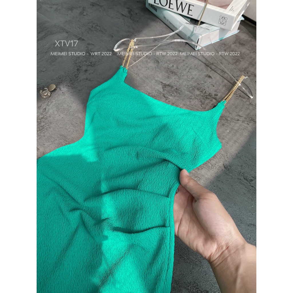 Đầm Gogi xốp nhăn 2 dây xích - Váy xẻ đùi dáng midi ôm body - Mặc đi chơi, đi biển | XTV17 | MeiMei Studio