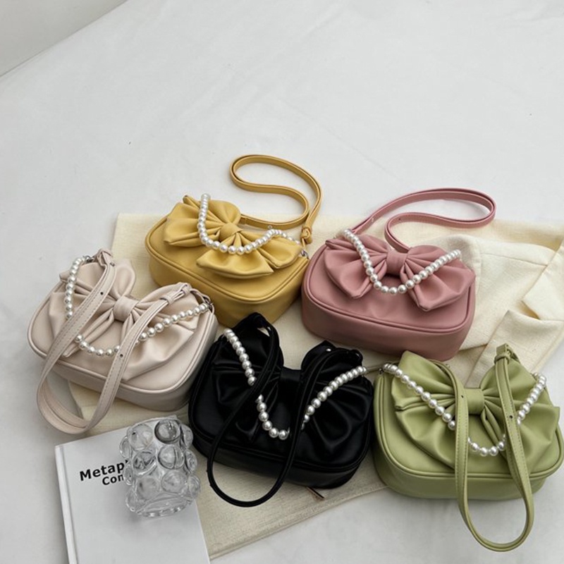 Túi đeo vai IELGY trang trí nơ và chuỗi hạt ngọc trai nhân tạo nhỏ gọn thời trang dành cho nữ