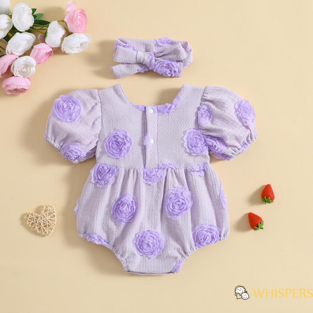 Bộ Áo Liền Quần Cổ Vuông Tay Ngắn In Họa Tiết Hoa 3D Kèm Băng Đô Xinh Xắn Cho Bé Gái 0-24 Tháng Tuổi