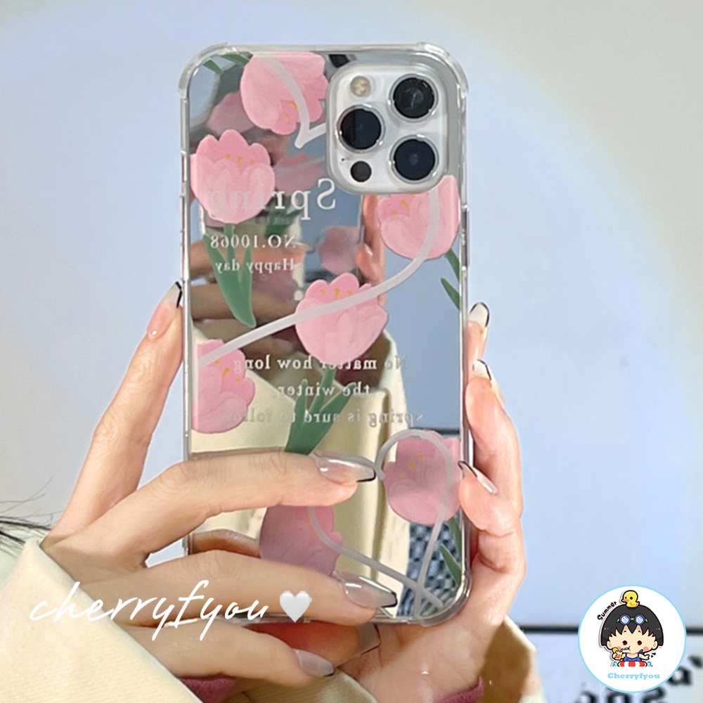 Ốp Điện Thoại TPU Dẻo Gắn Gương Trang Điểm In Hình Hoa Tulip Cho IPhone 13 12 11 Pro Max XS XR 8 7 Plus