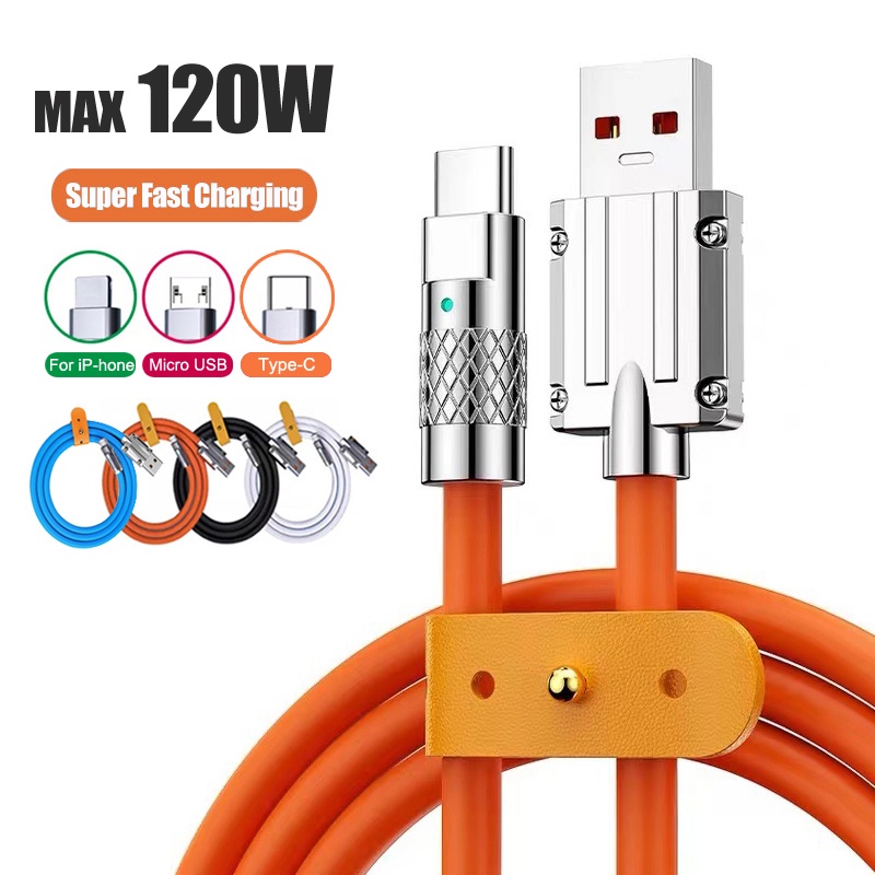 Dây Cáp Sạc Nhanh 120W 6A Loại C Bằng Silicone Dành Cho iP / Micro USB / Type-C