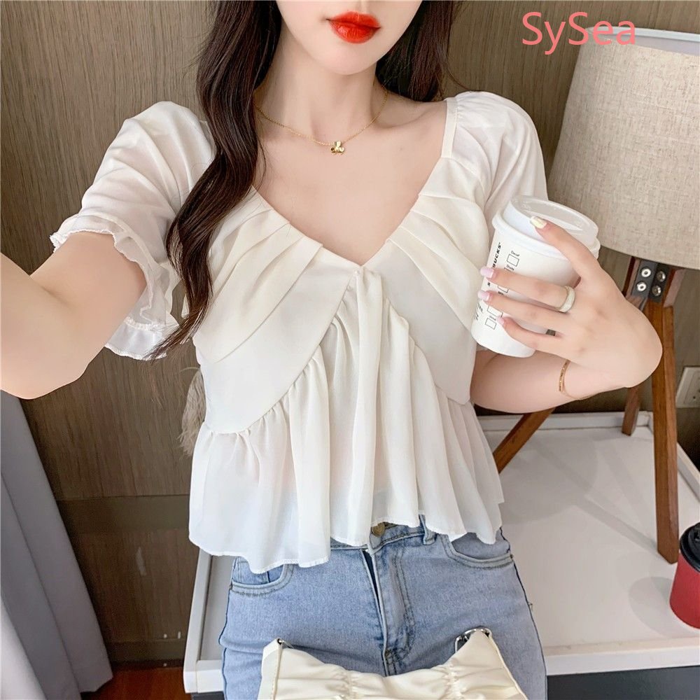 Áo Kiểu Vải Voan Tay Ngắn Cổ Chữ V Thời Trang Hè Trẻ Trung Cho Nữ