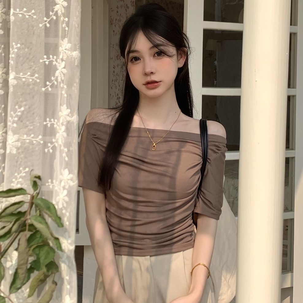 COZOKC Áo Thun Tay Ngắn Trễ Vai Thiết Kế Mỏng Năng Động Thời Trang