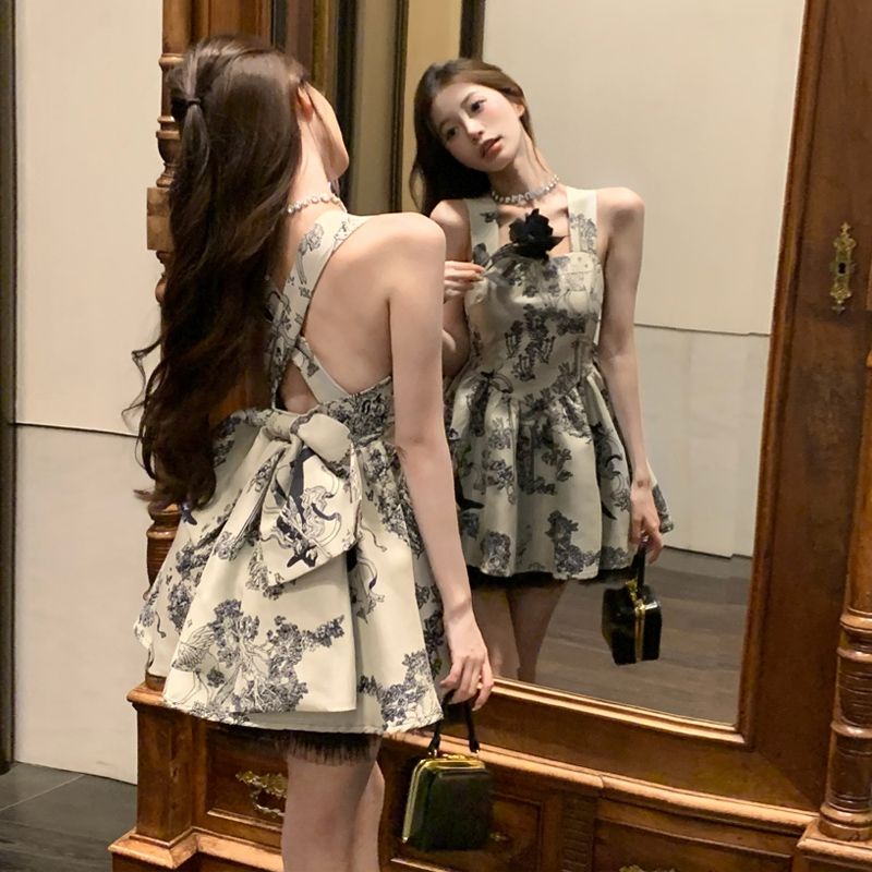 Đầm Công Chúa Hai Dây Thắt Nơ Màu Xám Nhạt In Họa Tiết Hoa Phong Cách Mới Mùa Hè Cổ Điển Quyến