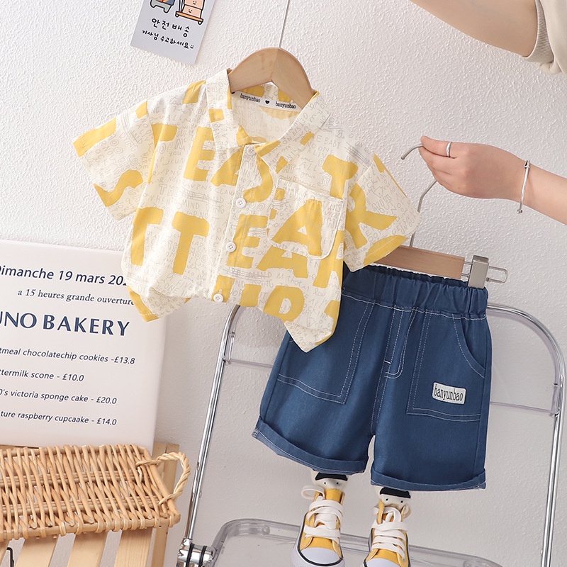 Bộ Áo Sơ Mi Tay Ngắn Phối Quần Short Vải Cotton Thời Trang Mùa Hè Cho Bé Trai