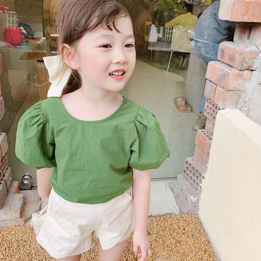 BEAR LEADER Bộ Áo Tay Phồng Hở Lưng + Quần Short Denim Màu Trơn Thời Trang Mùa Hè 2023 Dành Cho Bé Gái 2-7 Tuổi