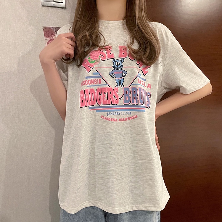 IELGY  Áo Cổ Tròn In Họa Tiết Đơn Giản Phong Cách Hàn Quốc Thời Trang Cho Nữ