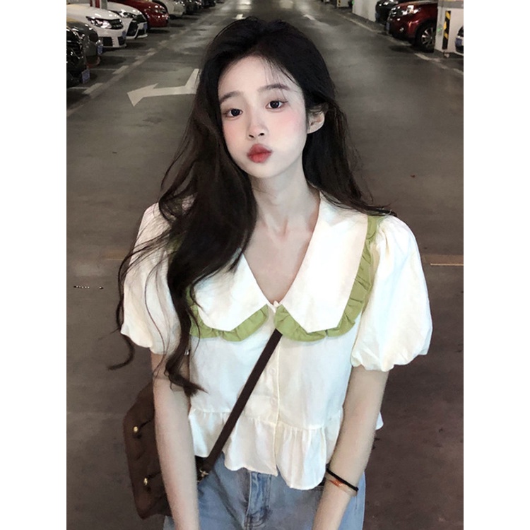 Áo Sơ Mi Ngắn Tay Cổ Búp Bê Thắt Cà Vạt Thời Trang Dành Cho Nữ