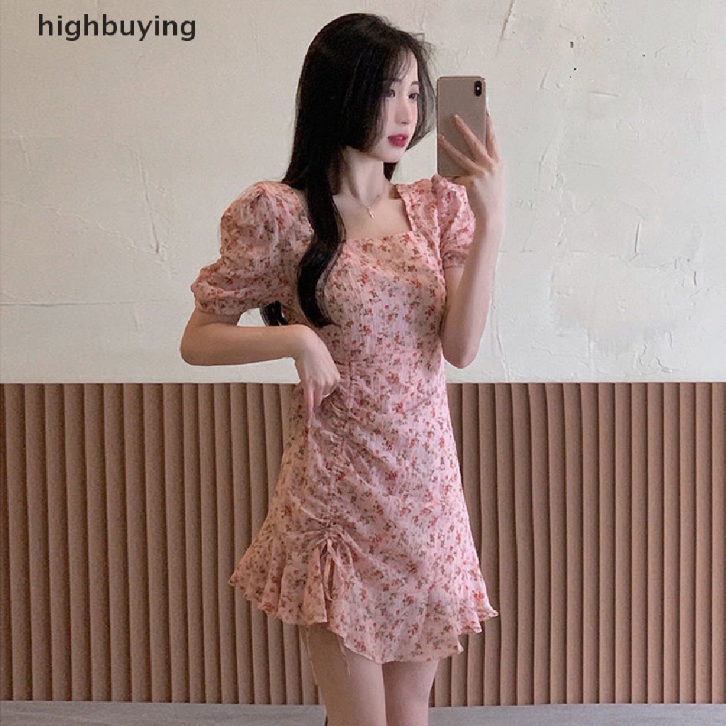Đầm Mini Cổ Vuông Tay Phồng In Hoa Phối Dây Rút Thời Trang Hàn Quốc Thanh Lịch Cho Nữ