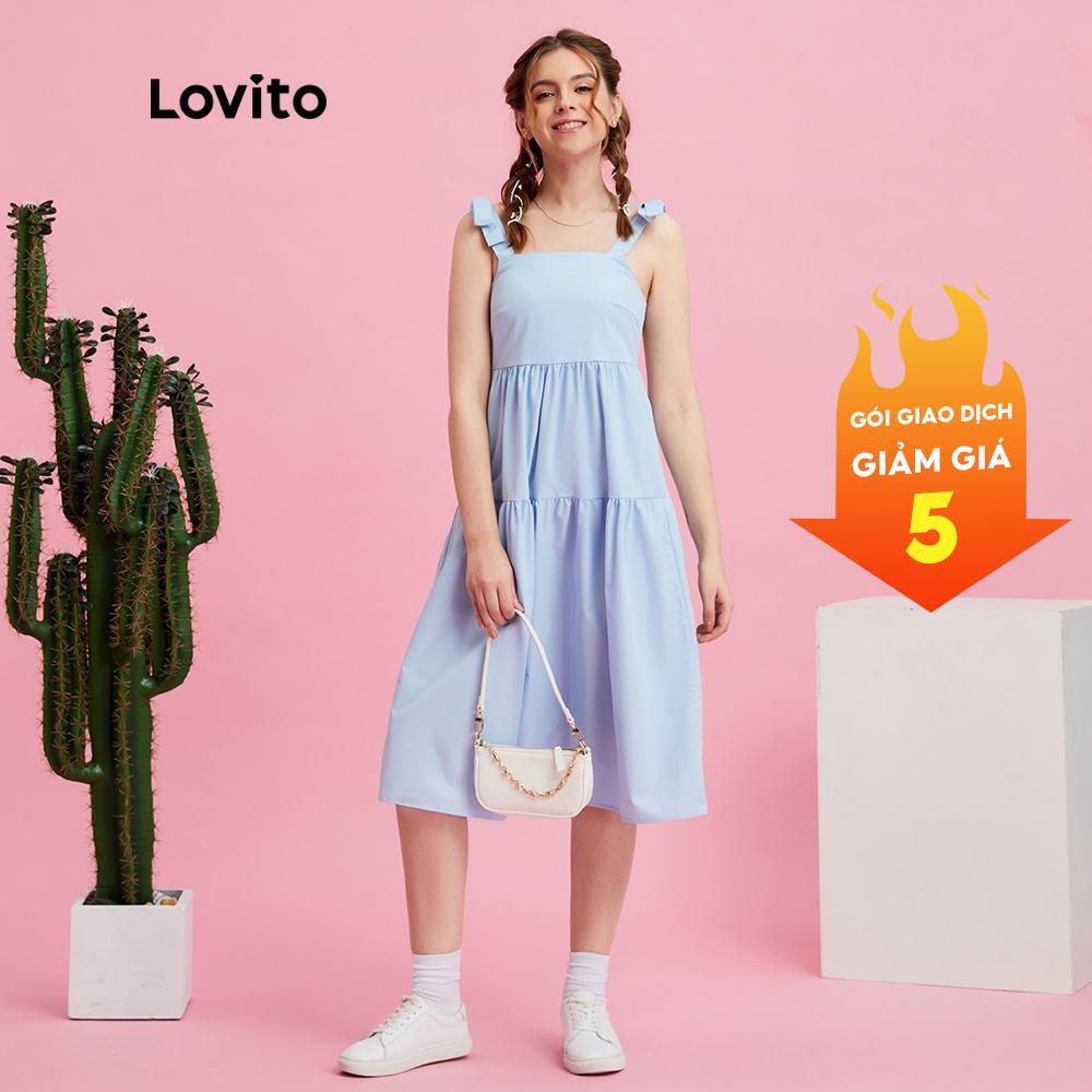 Đầm Lovito kiểu may xếp ly hở vai cột dây màu trơn dễ thương L10147 (màu xanh dương)