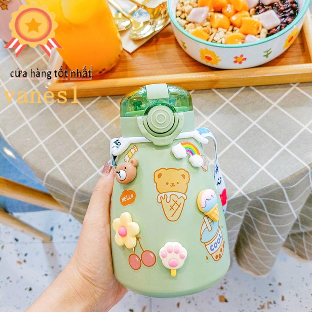 Bình đựng nước giữ nhiệt 500ml bằng thép không gỉ chống tràn có dây đeo dễ thương cho bé gái
