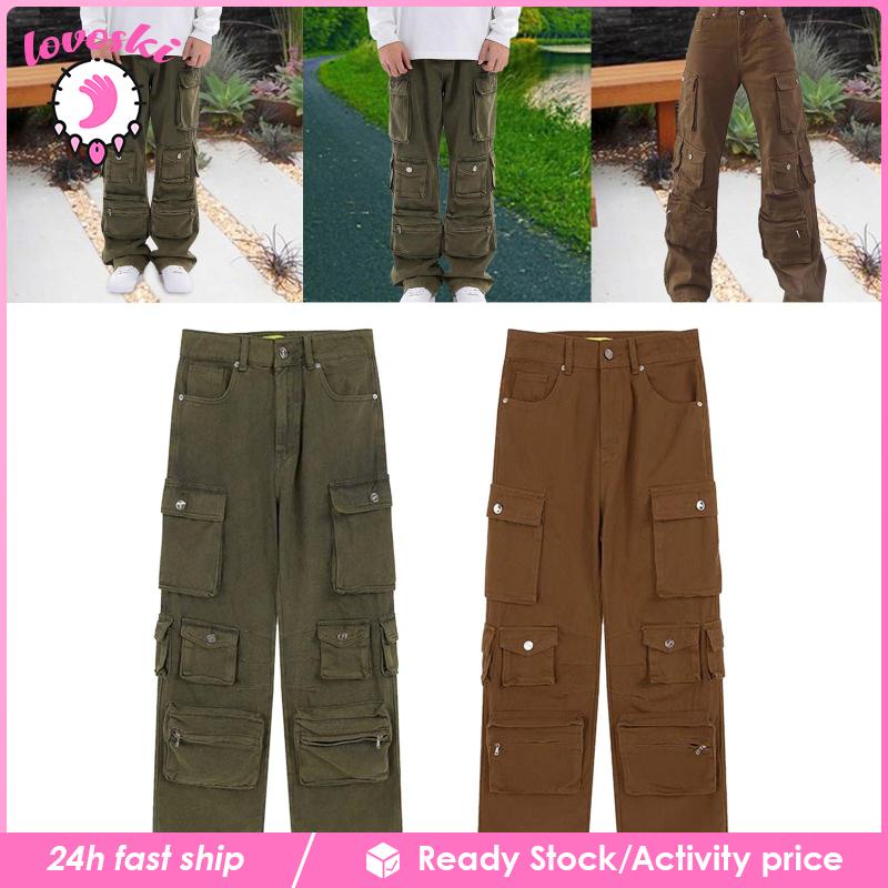 Quần Dài Ống Rộng Lưng Cao Có Túi Thời Trang Unisex