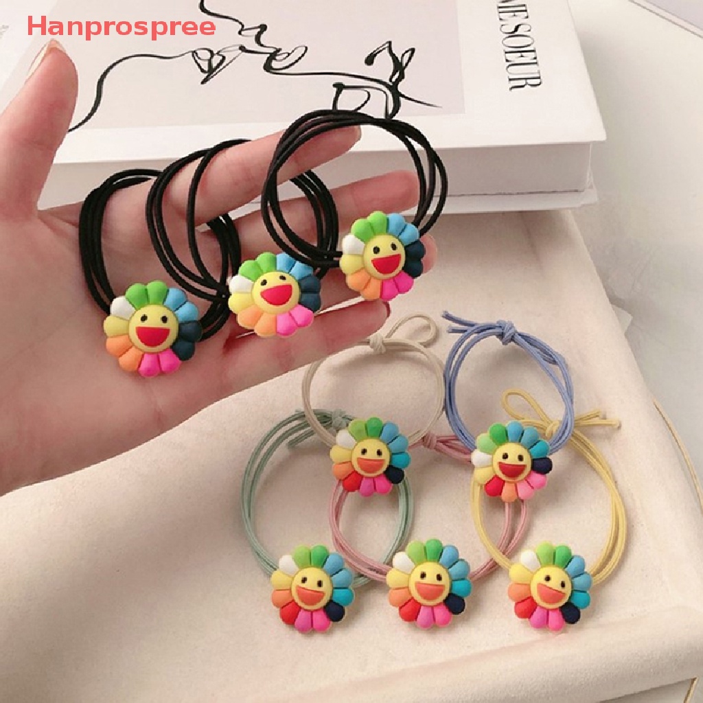 Bộ 5 Dây Buộc Tóc Cao Su Co Giãn Đính Hoa Hướng Dương Mặt Cười Dễ Thương Cho Bé Gái
