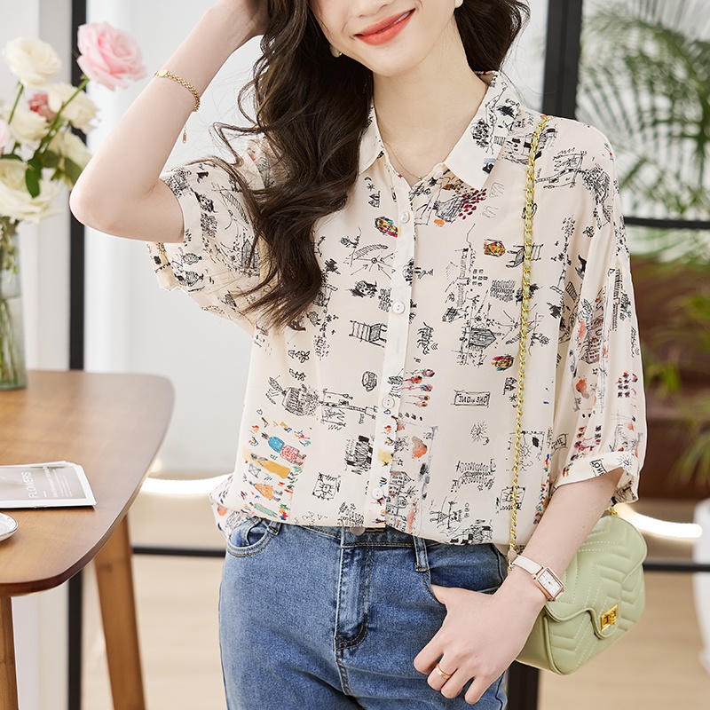 Áo Sơ Mi Cao Cấp Thoáng Khí In Họa Tiết Sang Trọng Phong Cách Hàn Quốc Cho Nữ