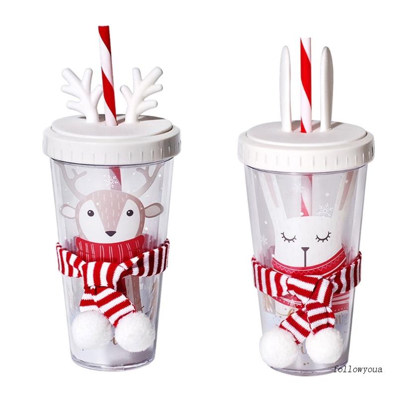 Cốc Uống Nước Hai Lớp Gắn Tường Bằng Nhựa Hình Thỏ / Hươu / Tuần Lộc Giáng Sinh Có Ống Hút Và Nắp Đậy Bằng Nhựa
