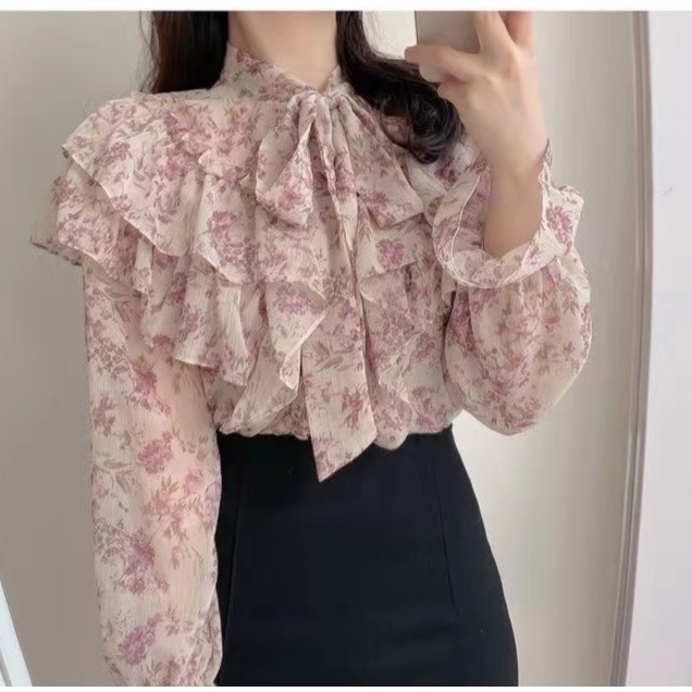 Floral Blouse Chiffon Shirt Áo Sơ Mi Dài Tay Cao Cấp Họa Tiết Hoa Phong Cách Pháp Thời Trang Mùa Xuân Mới Cho Nữ