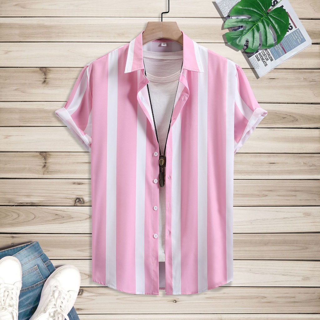 Áo Sơ Mi Nam Ngắn Tay Dáng Rộng Cài Nút Plus Size Màu Hồng / Đỏ / Xanh Lá / Cam