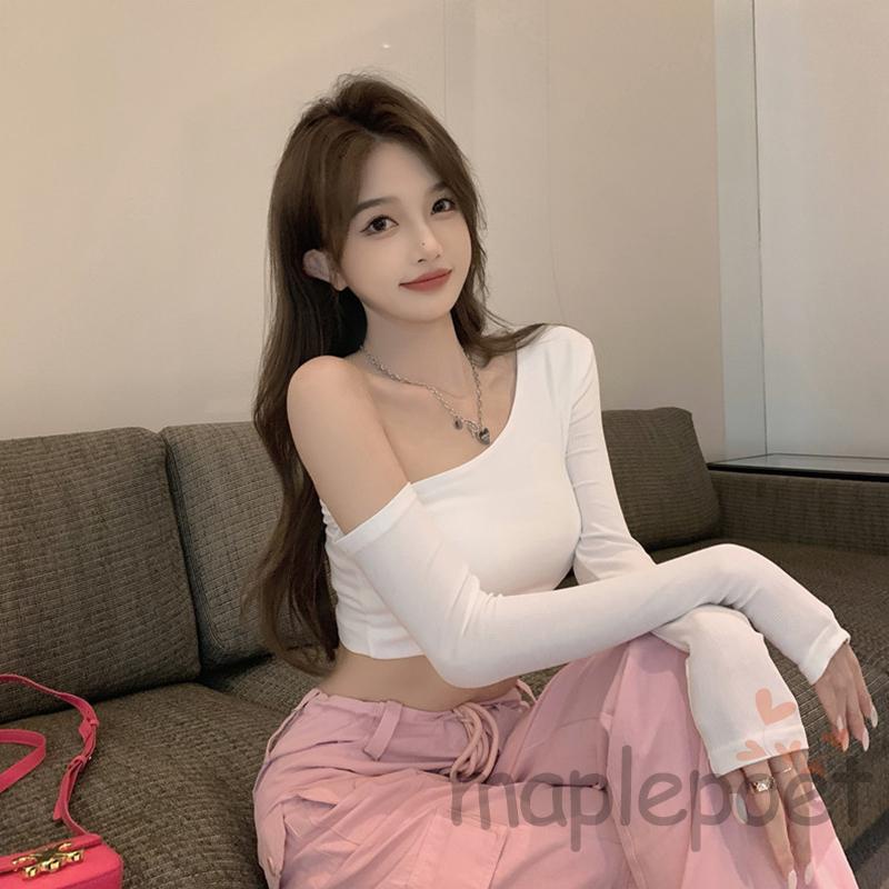 Áo Thun Croptop Tay Dài Lệch Vai Màu Sắc Đơn Giản Dành Cho Nữ