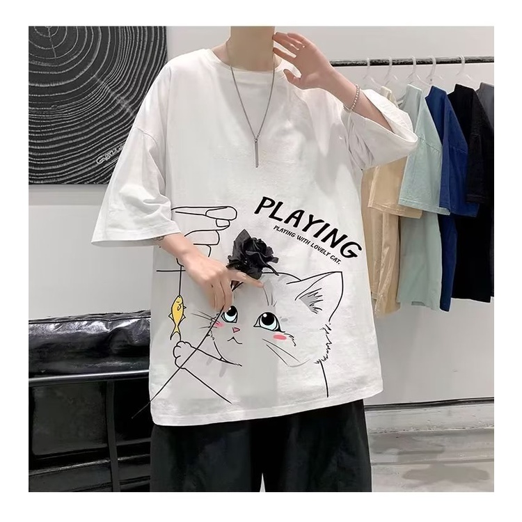 Áo Thun Tay Ngắn Cổ Tròn In Hình Mèo Dễ Thương Phong Cách Hàn Quốc Thời Trang Mùa Hè 4 Màu Lựa Chọn Cho Nam M-8XL