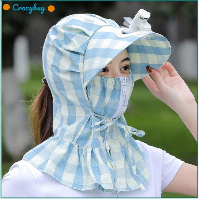 Cr Mũ Chống Nắng Chống Gió Bảo Vệ Mặt Và Cổ Họa Tiết Kẻ Sọc Kèm Quạt